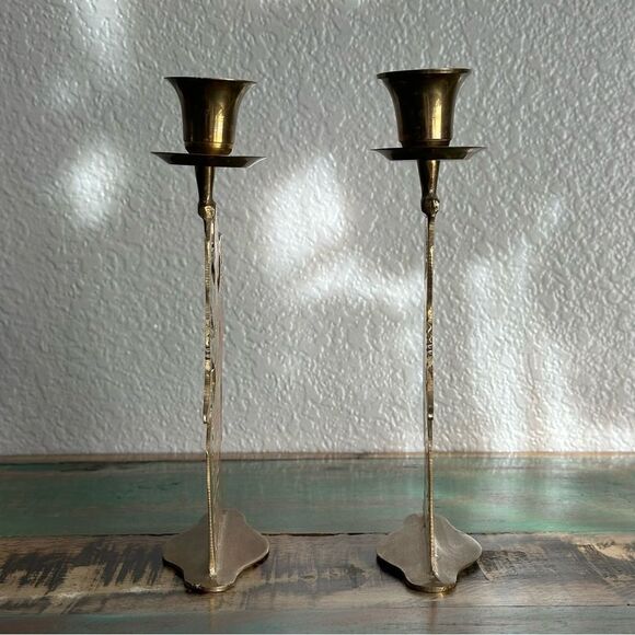 Brass Angel Candle Holders 2 Pc Set Vintage Carved Metal Decor Christmas Holiday - Picture 4 of 9